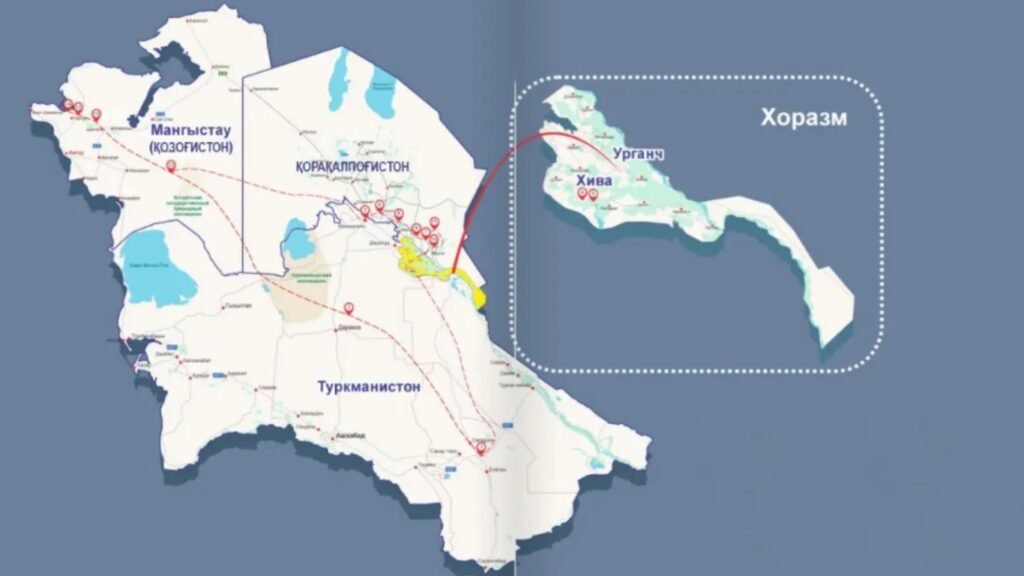 «Түркмөнстан – Хорезм – Каракалпакстан – Казакстан» туристтик маршрутунун картасы