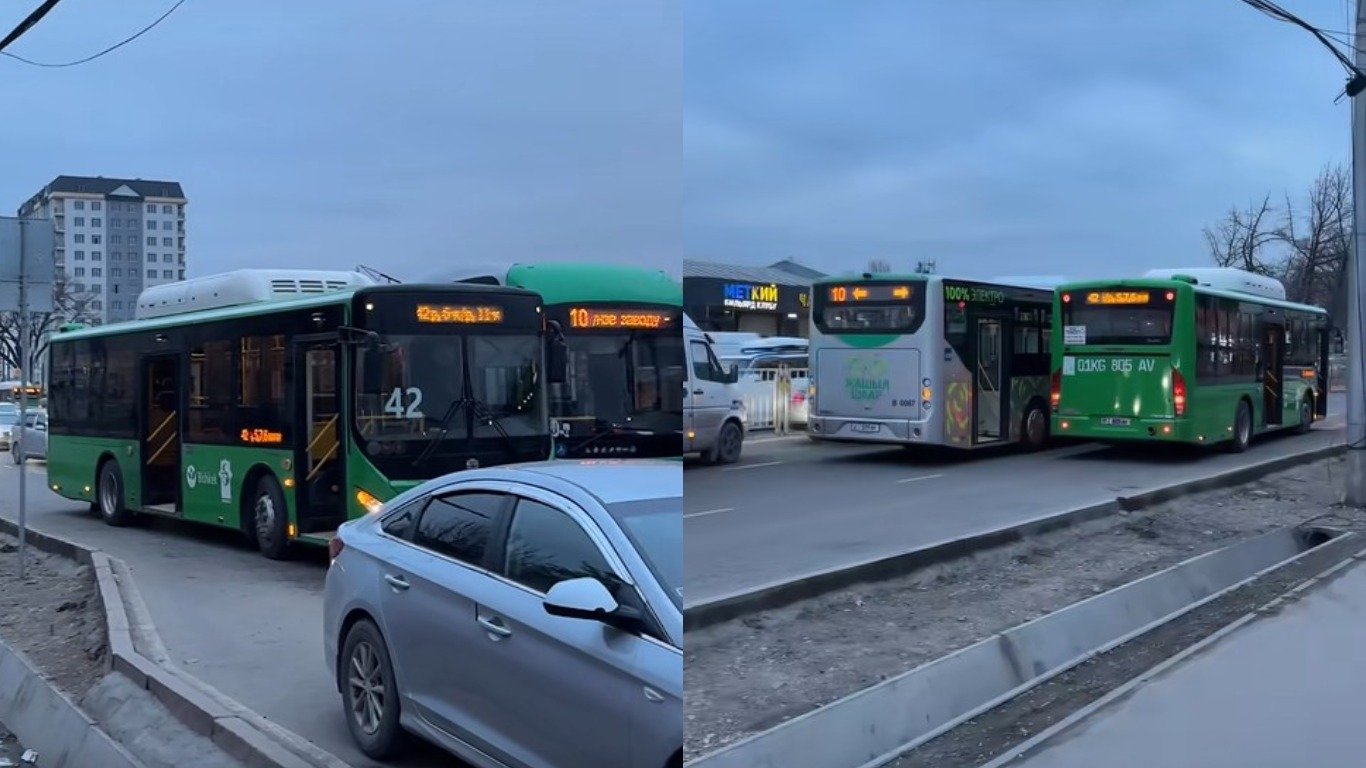 Бишкекте жол талашкан автобустар сүзүшүп, узун тыгын жаратышкан