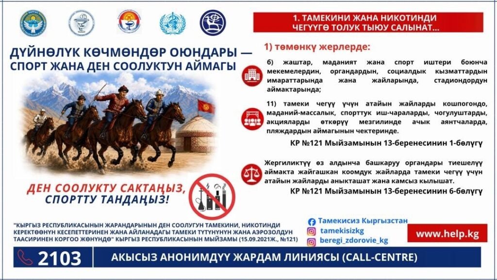 Түтүнсүз Көчмөндөр оюндары: Саламаттык сактоо министрлиги стадиондордо тамеки тартууга тыюу салынганын эскертти